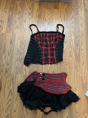 Red Plaid Corset/Skirt Dress With Frills